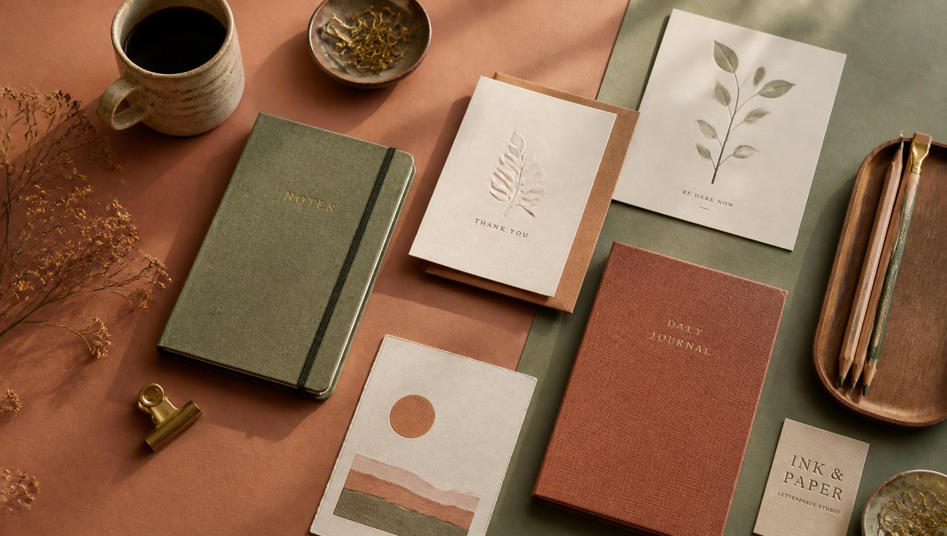 A flat lay of artisan stationery, notebooks, and a coffee cup on warm terracotta and sage tones